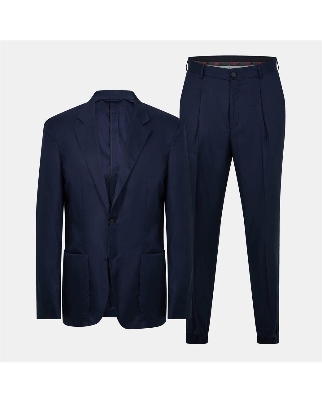 HUGO Blue Solid Patterned Lapel Collared Full Suit for men