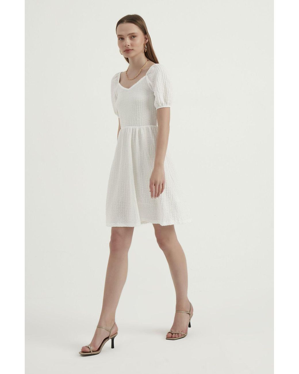 Hiccup Natural V Neck Balloon Sleeves Mini Dress