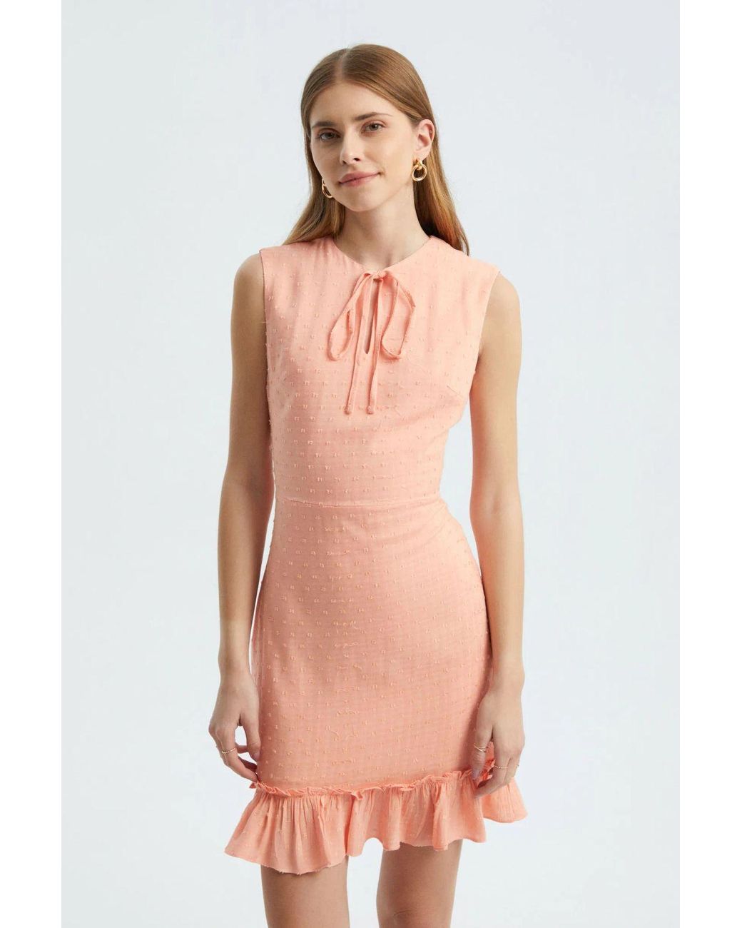 Hiccup Orange Round Neck Drawstring Ruffle Sleeveless Mini Dress