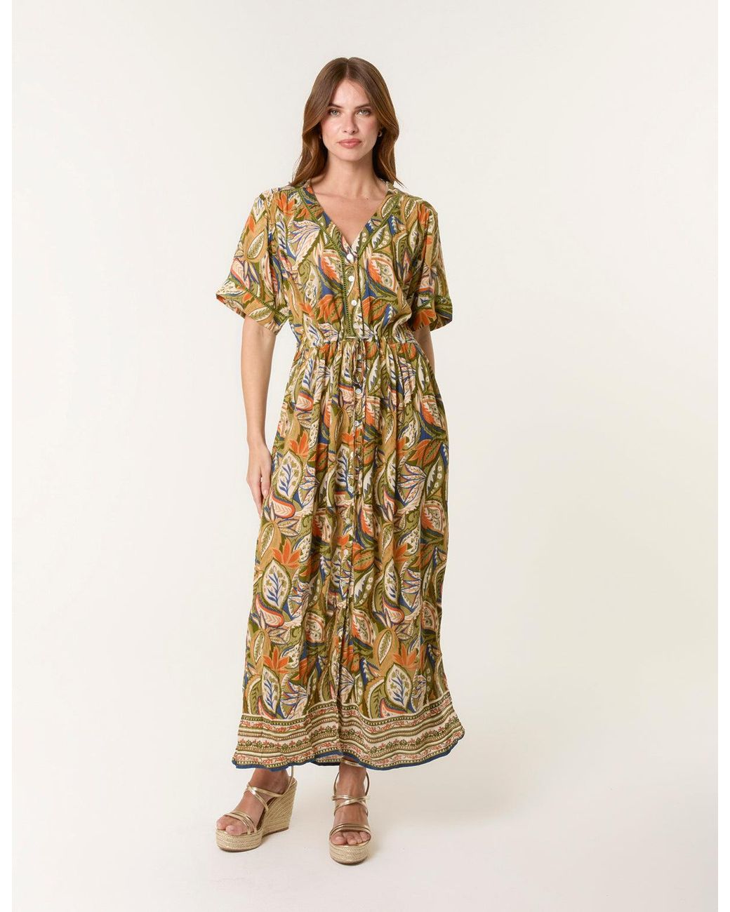 Blue Vanilla Metallic Border Print Maxi Dress