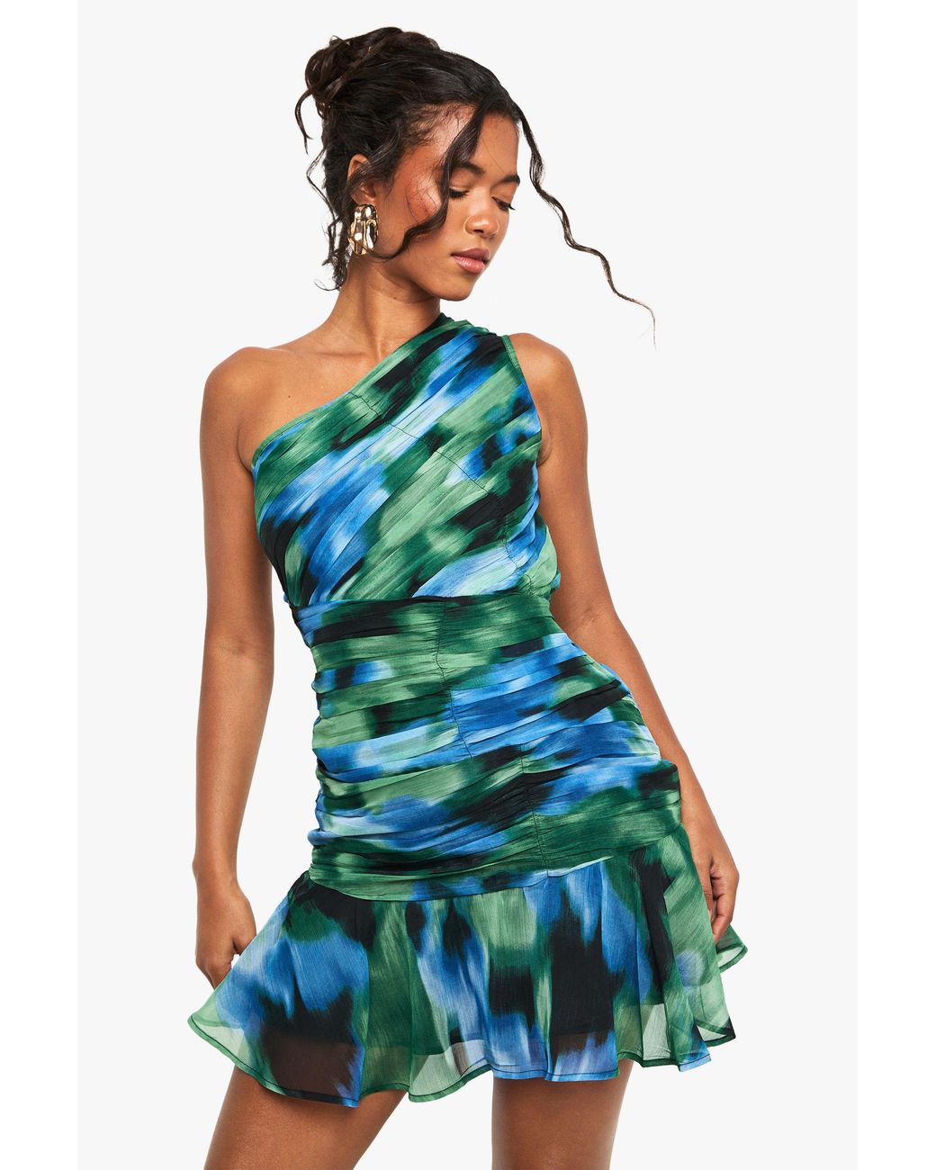 Boohoo Blue Abstract Printed Ruched One Shoulder Mini Dress