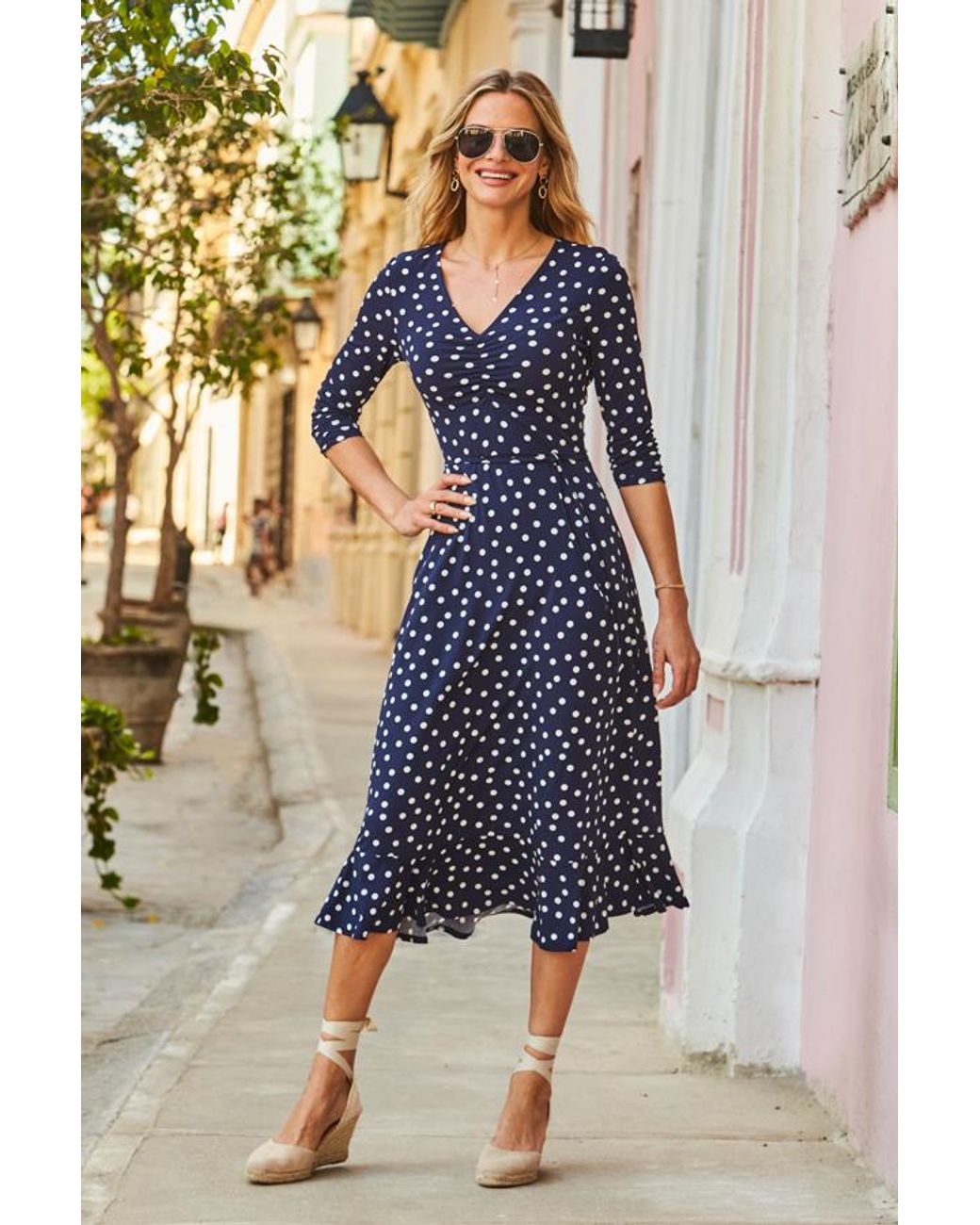 Sosandar Blue Spot Print Jersey Midi Dress