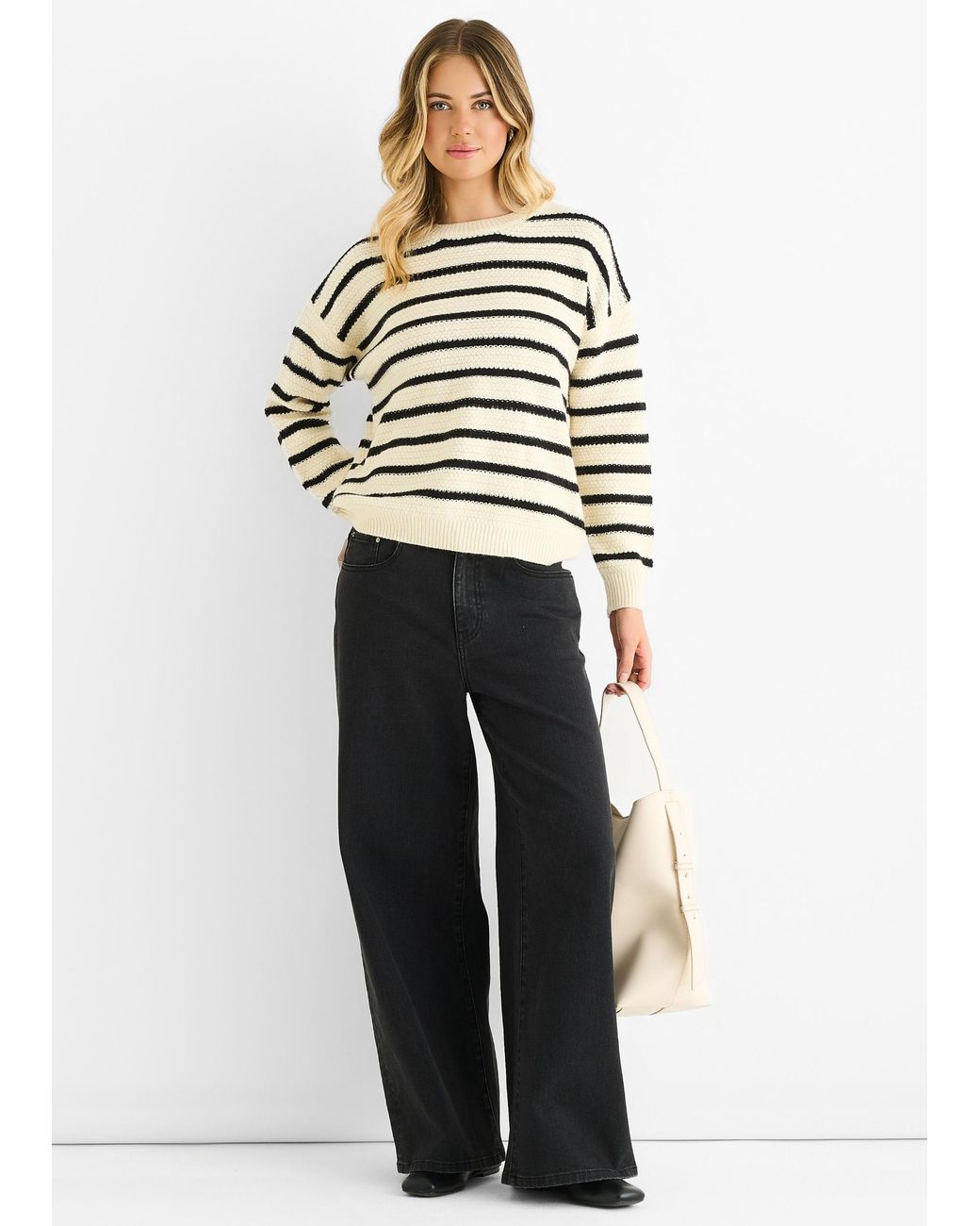 Gini London White Stripe Chunky Knit Oversized Jumper