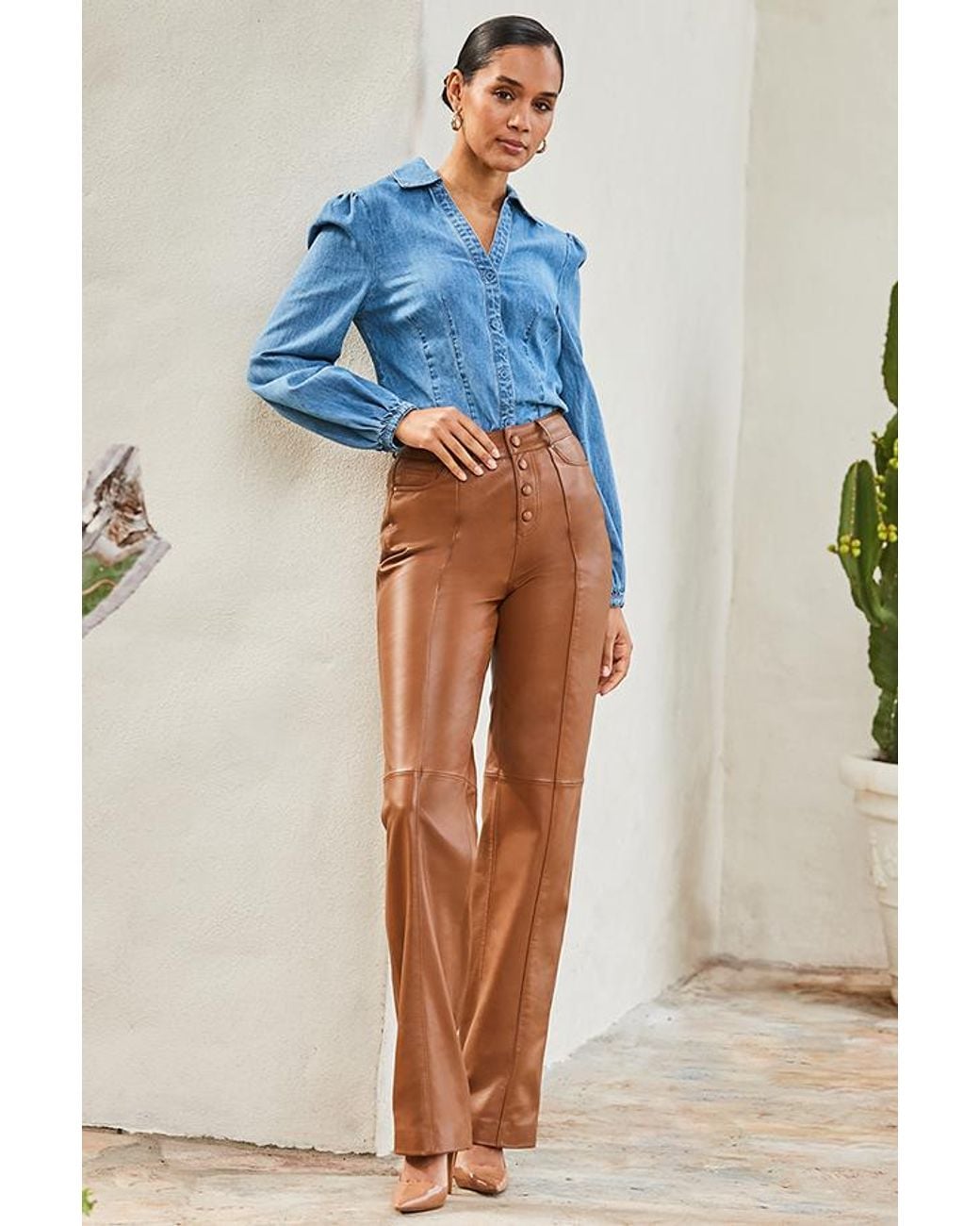 Sosandar Blue Tan Leather Button Front Wide Leg Trousers