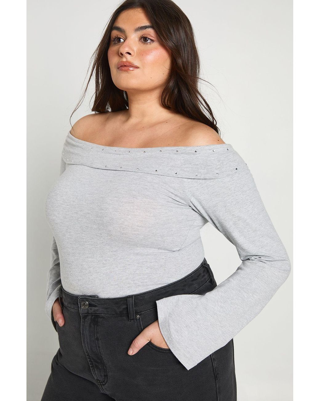 Boohoo Gray Plus Stud Detail Foldover Bardot Top