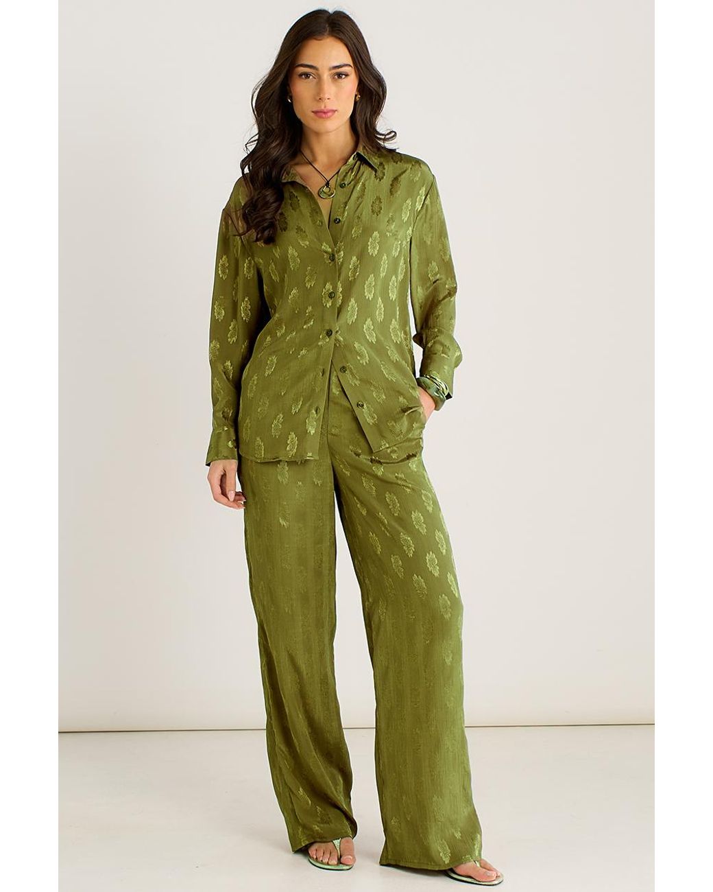 Gini London Green Floral Satin Jacquard Shirt