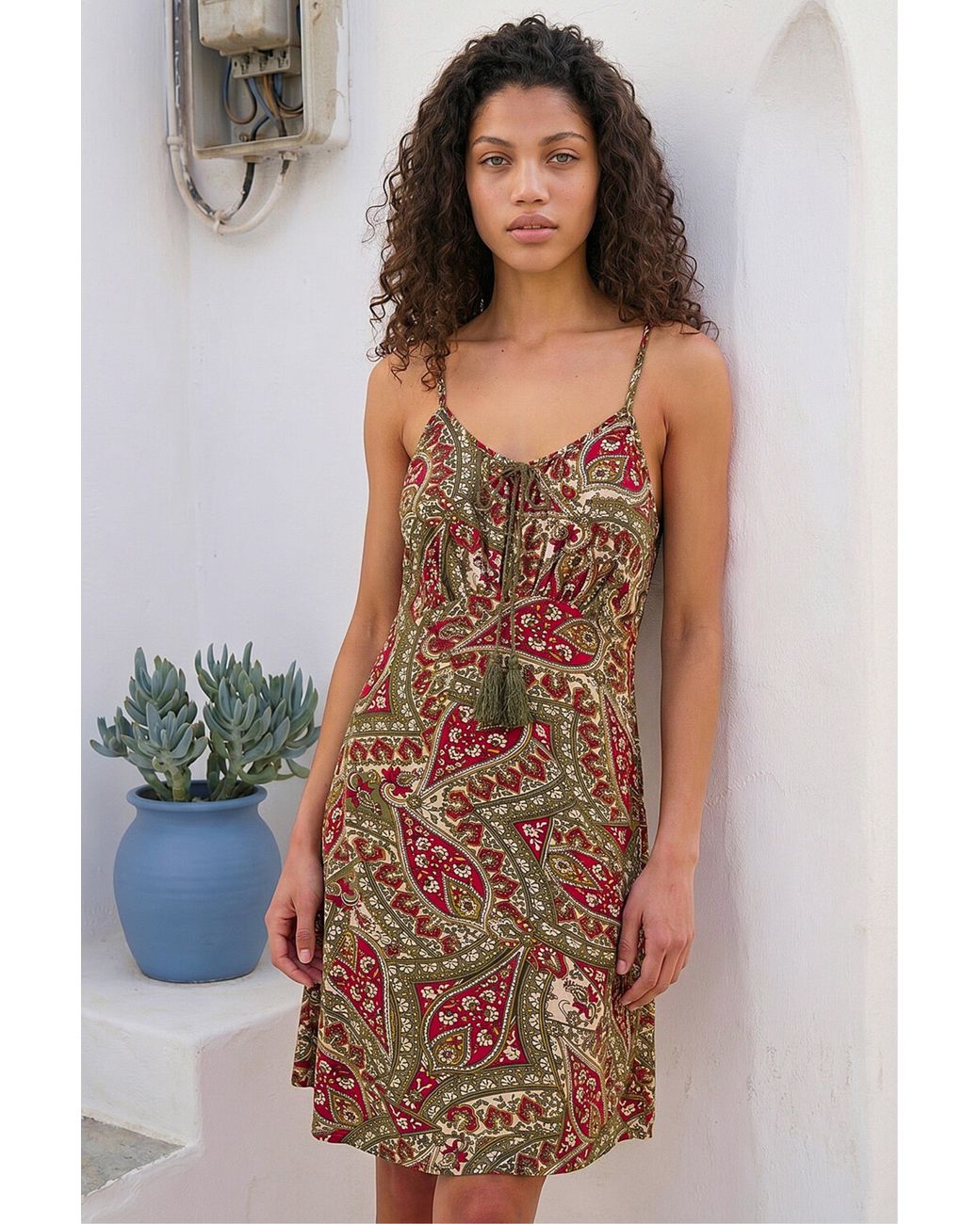 Roman Green Petite Paisley Print Tassel Front Dress