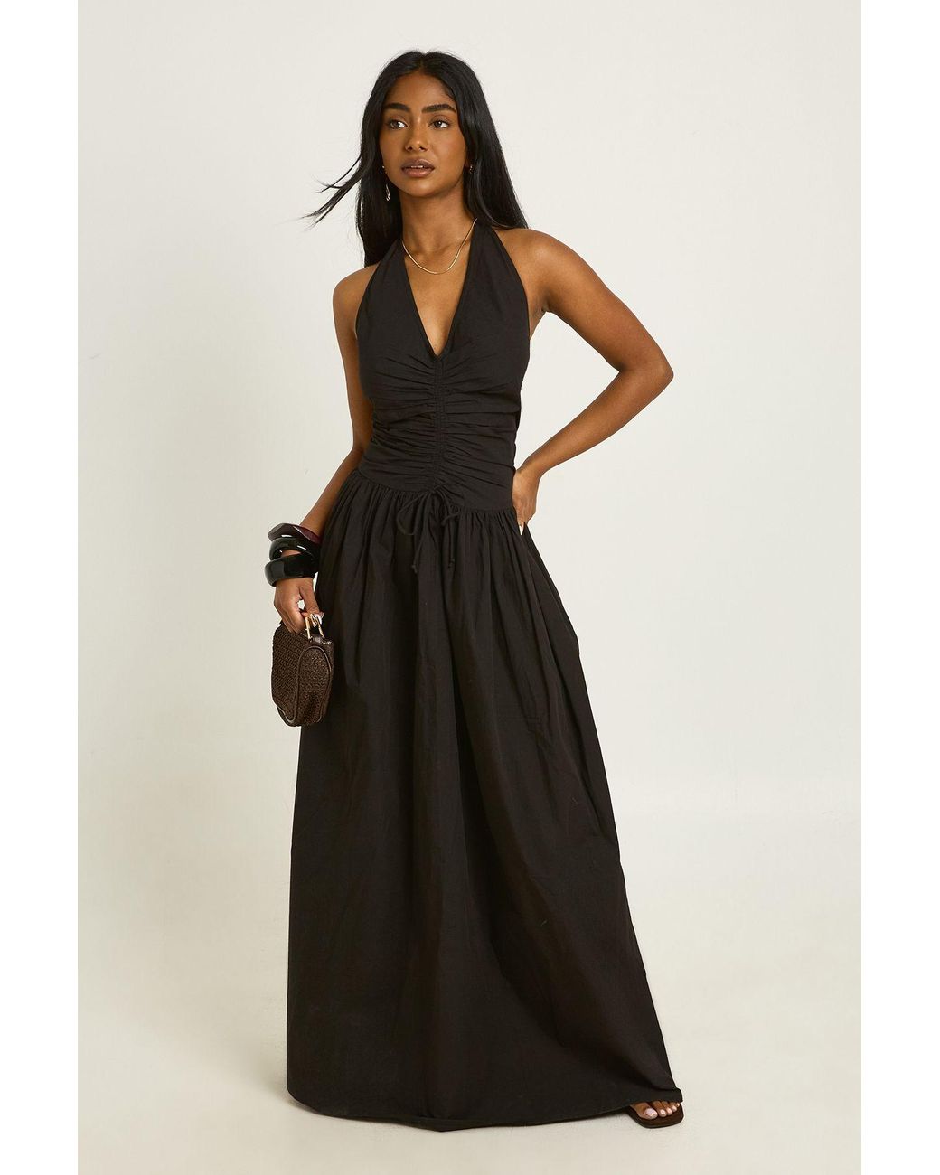boohoo halter dress Cotton Poplin Neck Front Gathered Seam Skater Midaxi in Black style:midi dresses