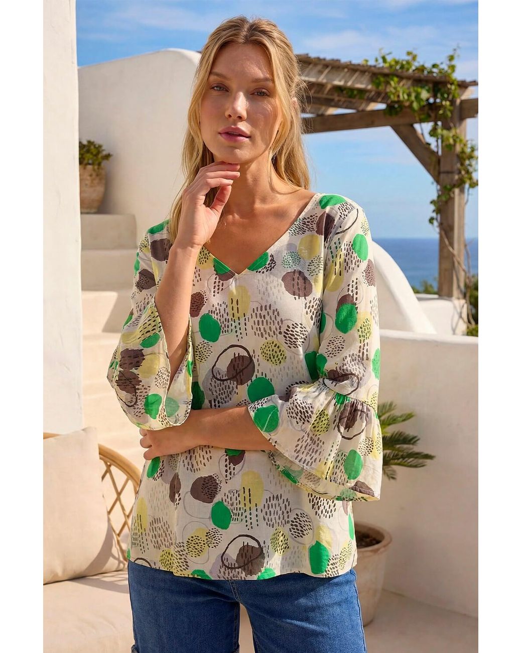 Roman Green Abstract Spot Flare Sleeve Top