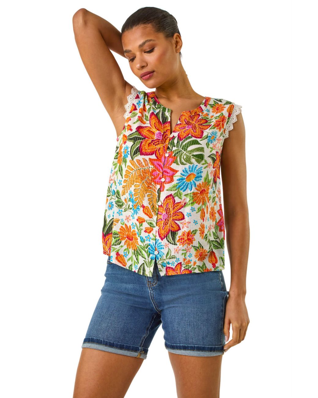 Roman Blue Floral Print Lace Detail Vest