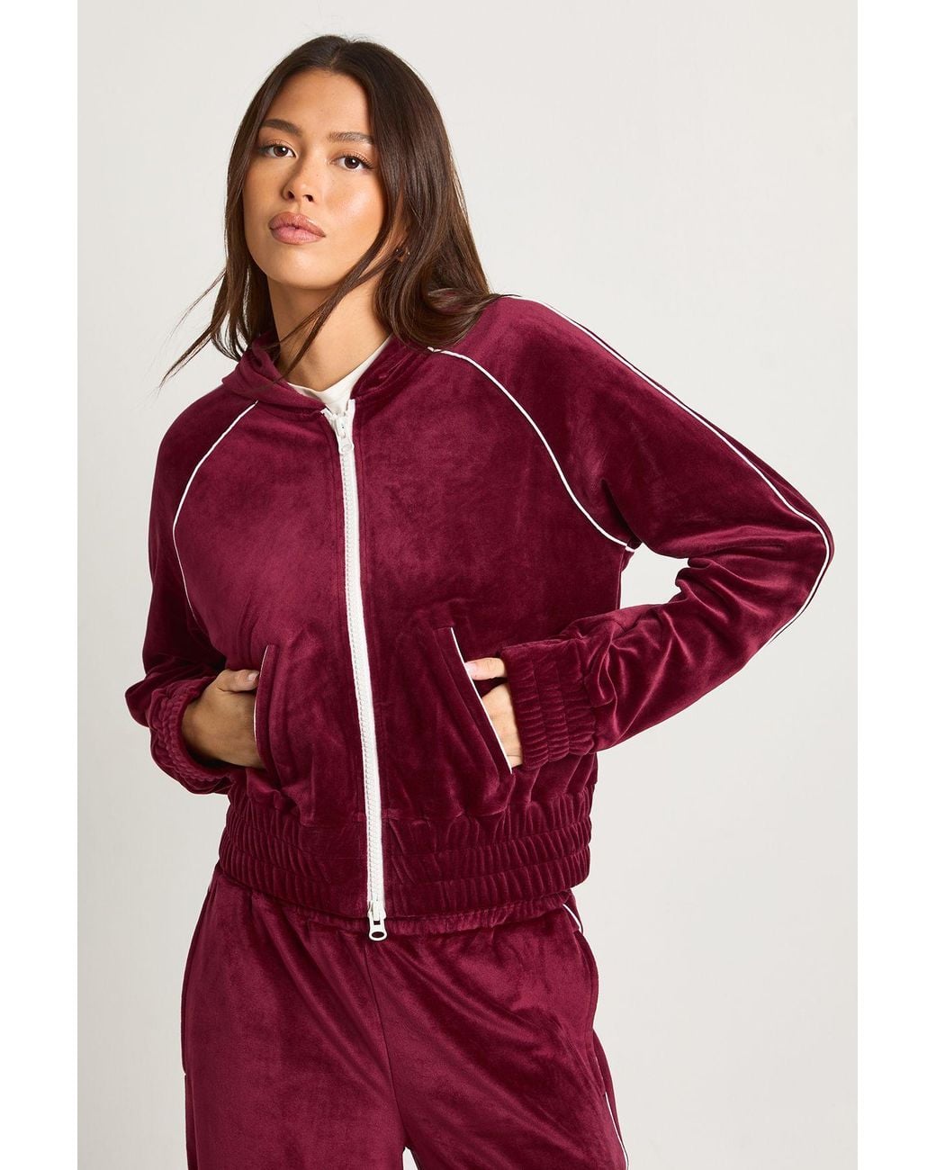 Boohoo Red Velour Contrast Piping Zip Through Cropped Hoodie