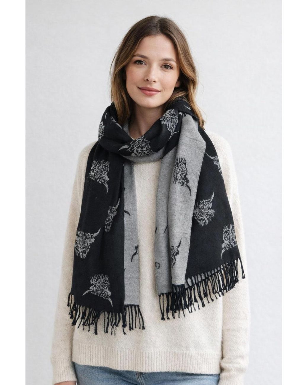 SVNX Black Highland Cow Reversible Scarf