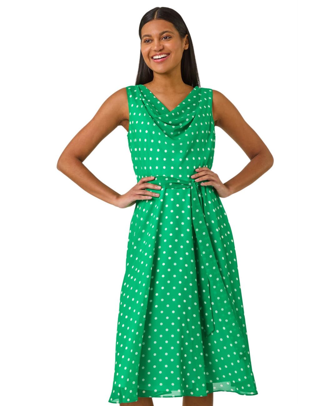 Roman Green Spotted Cowl Neck Dress