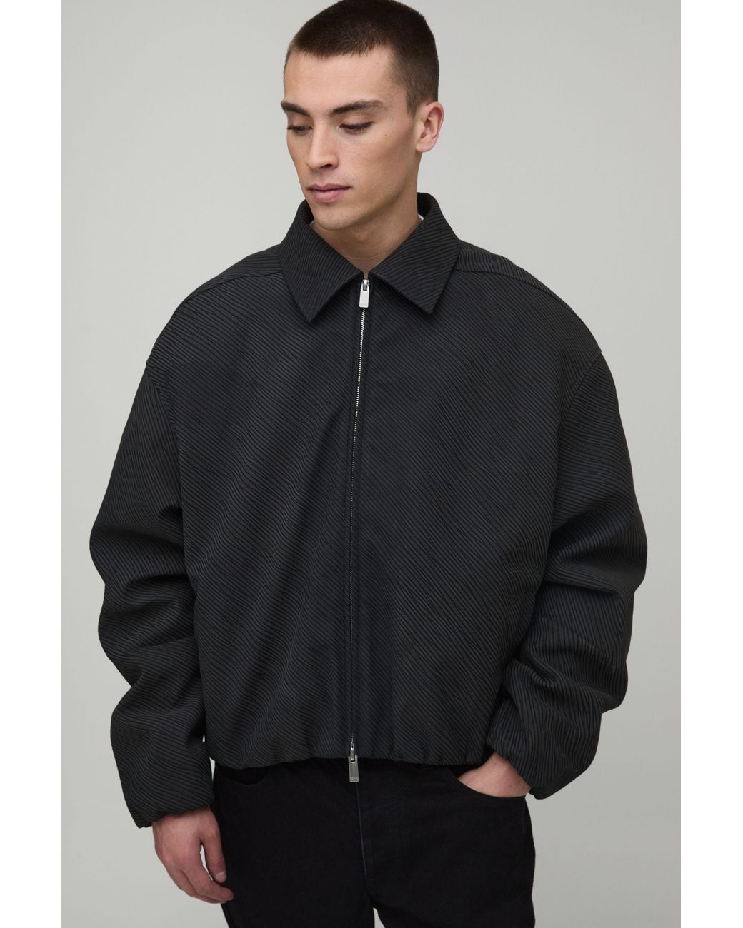 BoohooMAN Gray Boxy Fit Textured Pu Zebra Elasticated Hem Harrington Jacket for men