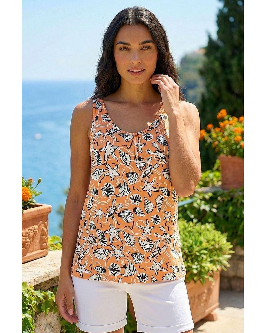 Roman White Shell Print Gathered Vest Top
