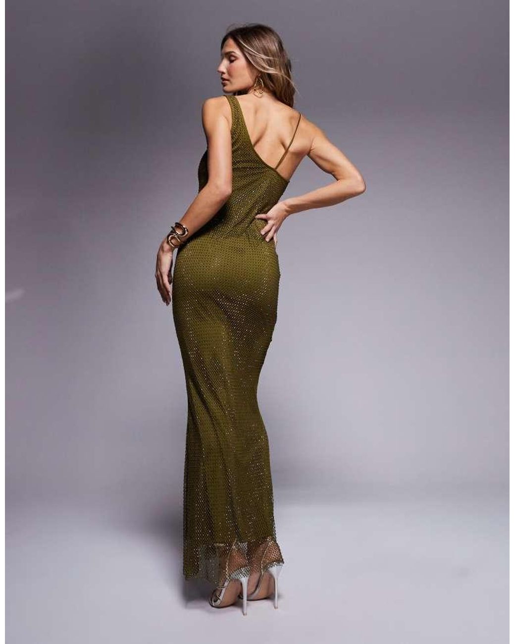 ASOS Green Fishnet Hotfix Asymmetric Cowl Maxi Dress