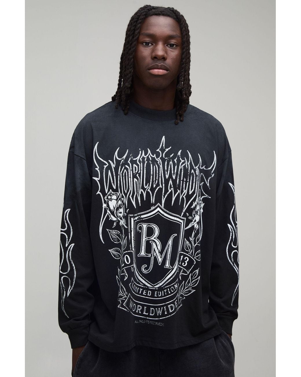 BoohooMAN Black Oversized Gothic Emblem Print Spray Wash Long Sleeve T-Shirt Cotton for men