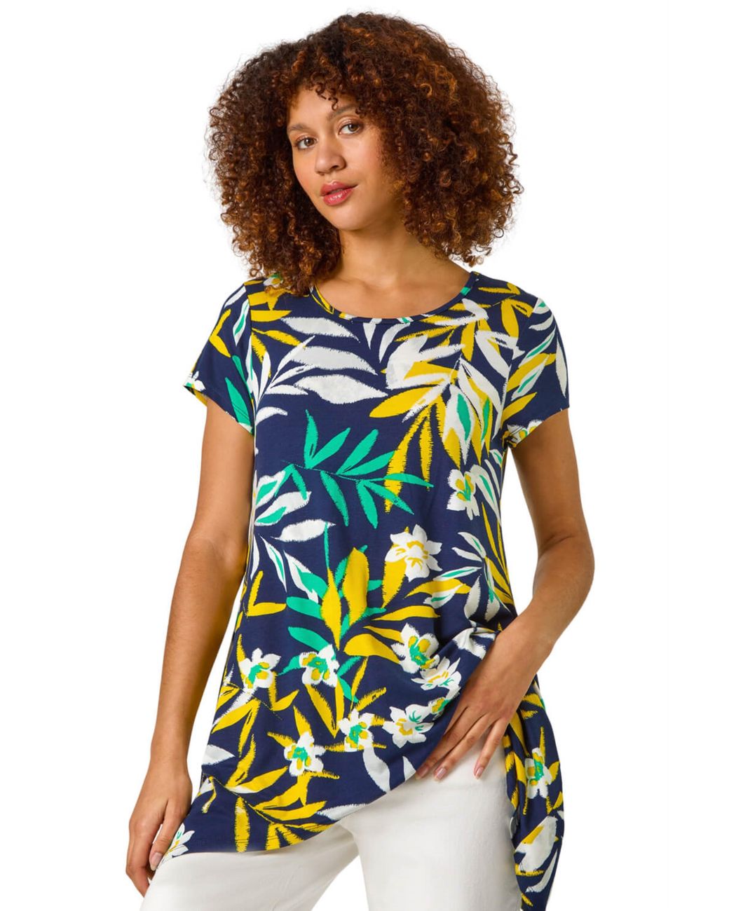 Roman Blue Leaf Print Hanky Hem Tunic Top