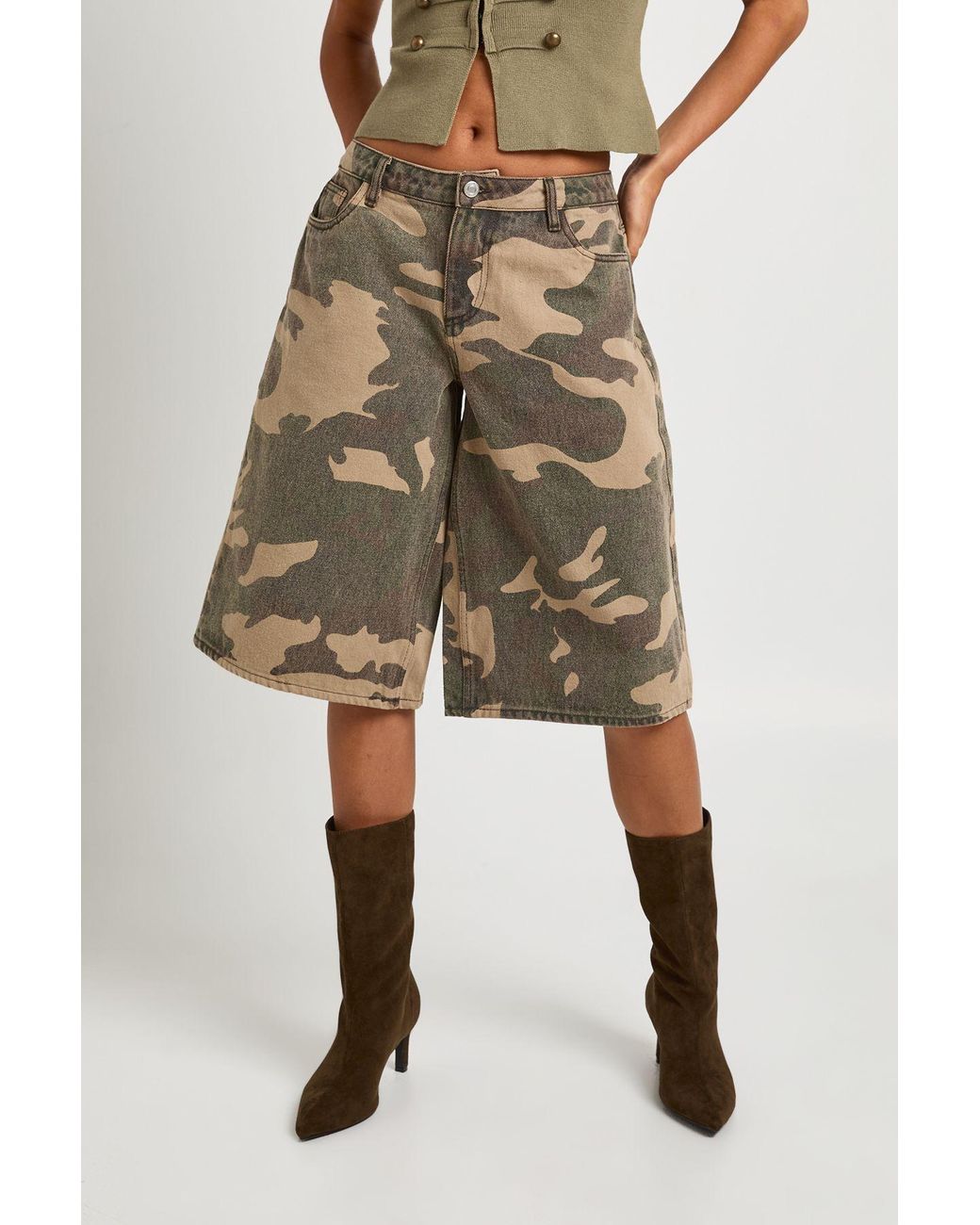 Boohoo Natural Camo Print Low Rise Longline Jort