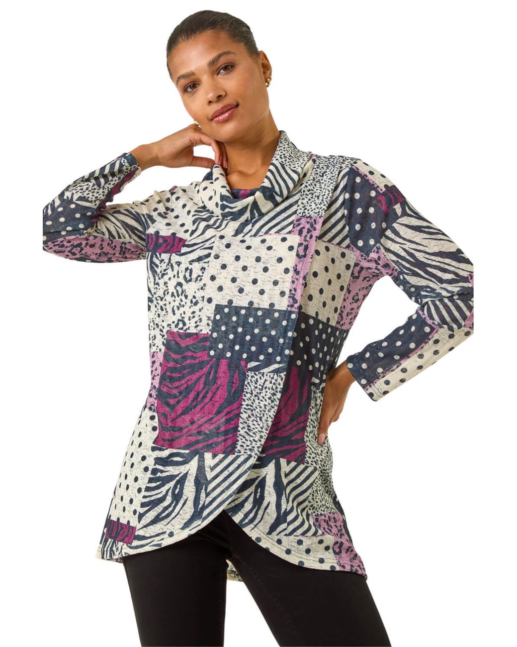 Roman Gray Patchwork Print Cowl Neck Top