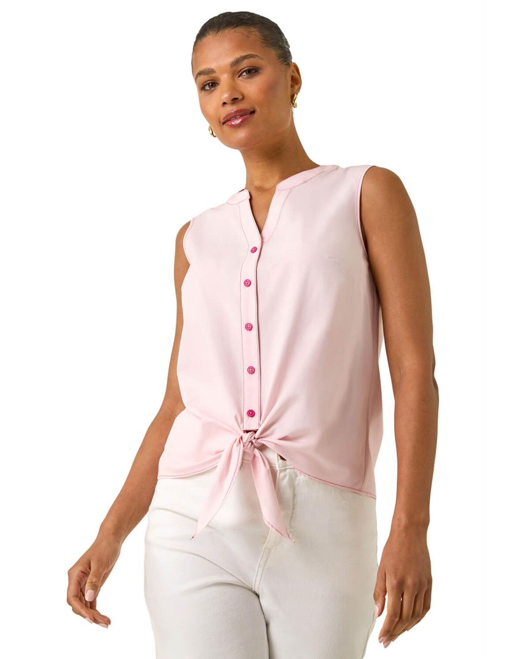 Roman Pink Contrast V-Neck Tie Front Blouse