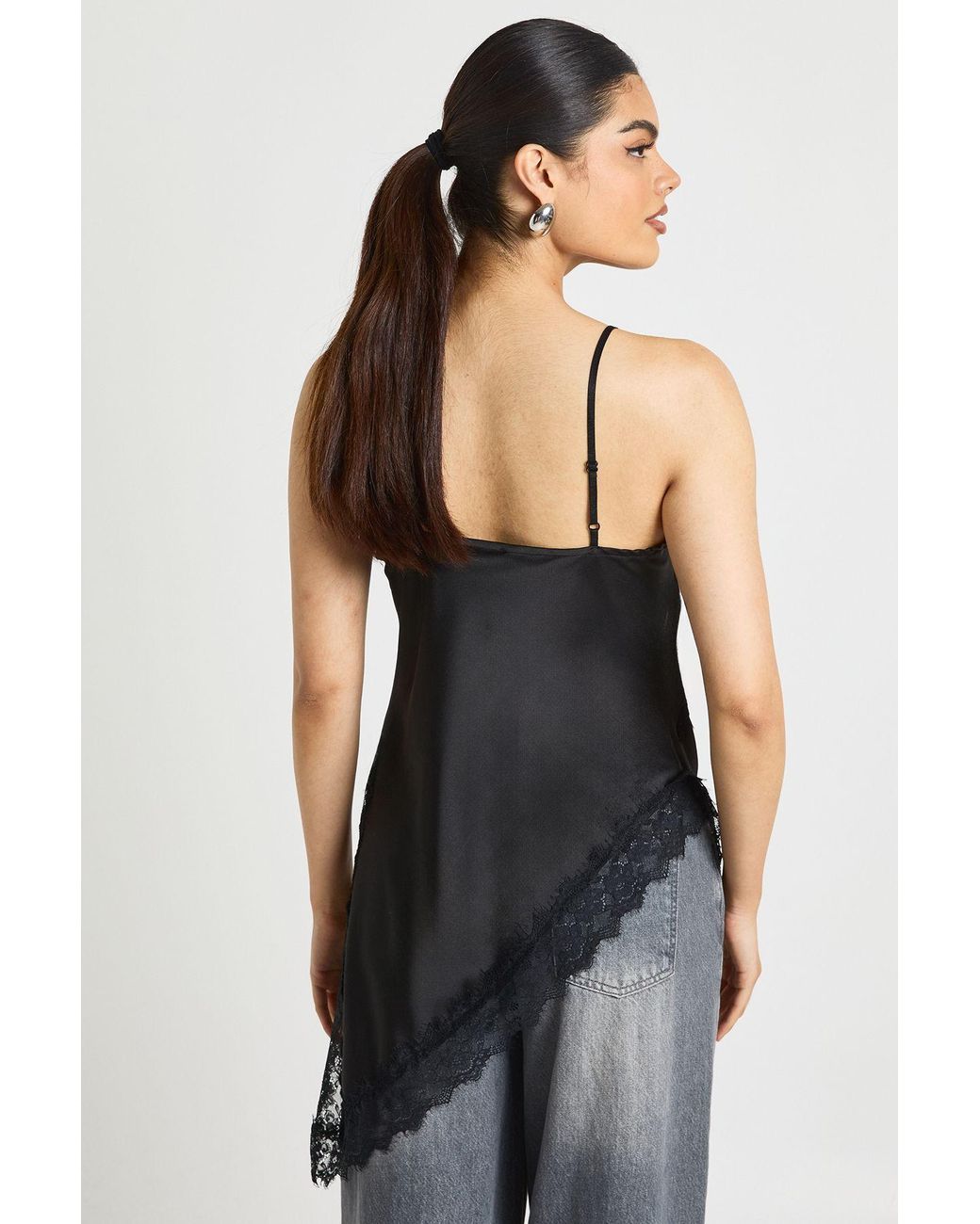 Boohoo Black Satin Lace Longline Cami