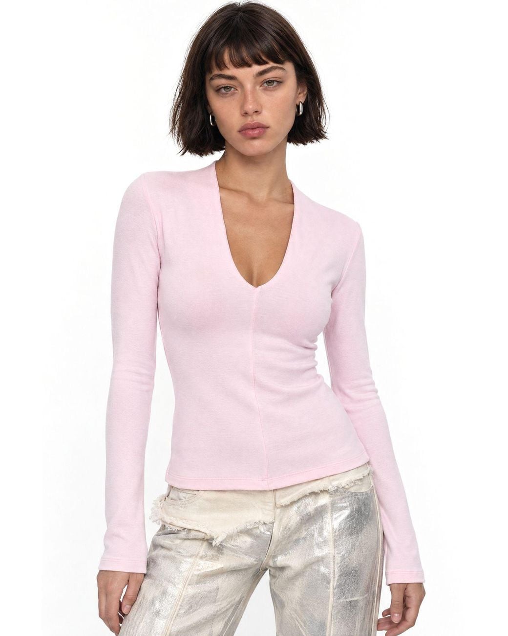 Busem Pink Slim Fit V-Neck Long Sleeve Blouse
