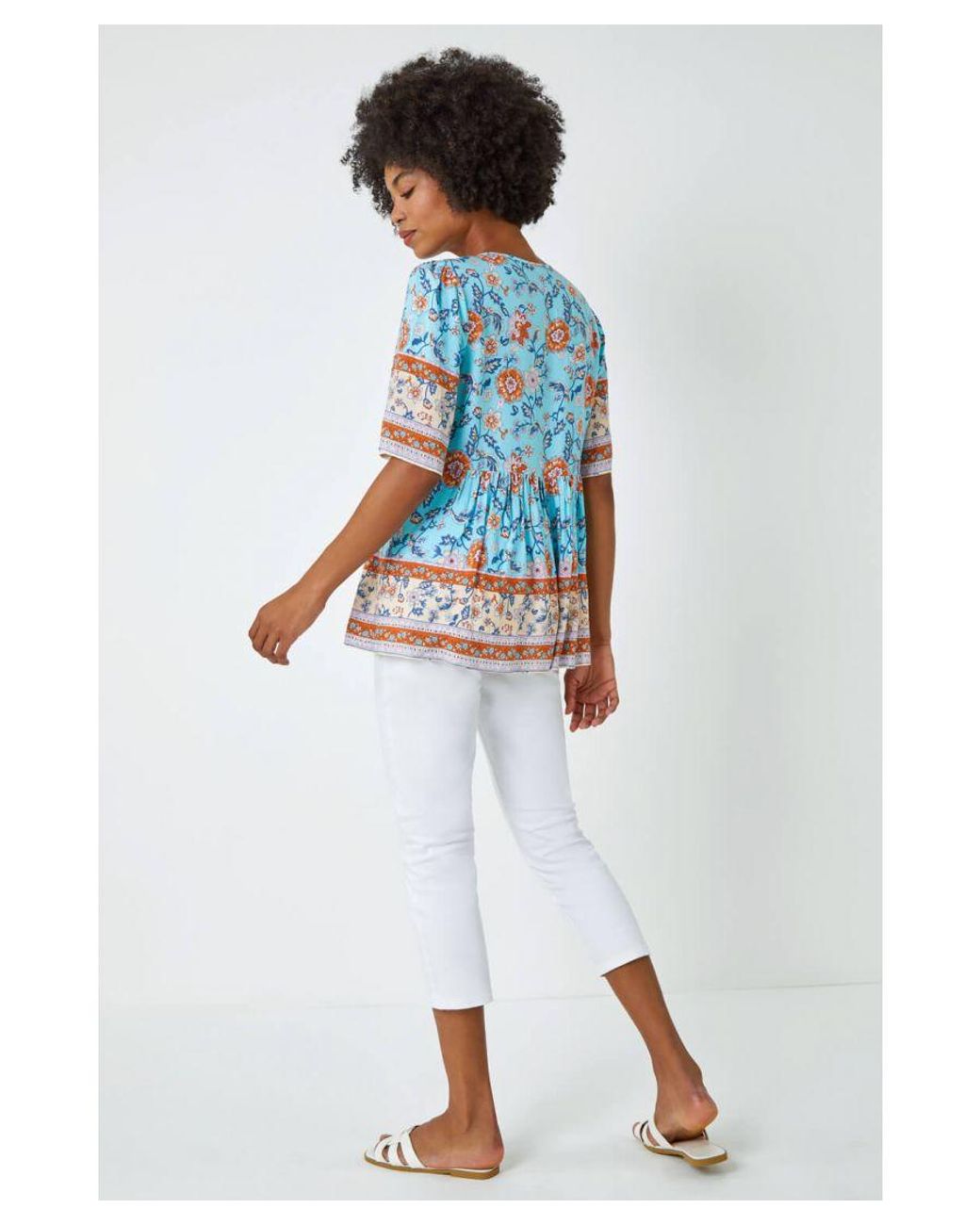 Roman Blue Floral Border Print Tassel Detail Top