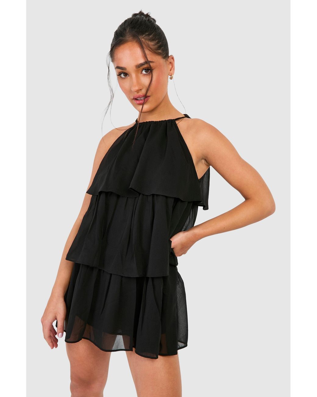 Boohoo Black Petite Chiffon Tiered Mini Dress