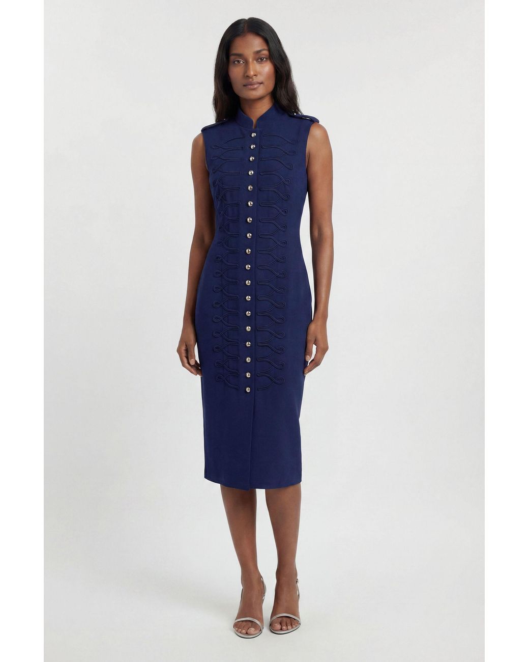 Karen Millen Blue Compact Stretch Button Detail Straight Pencil Dress