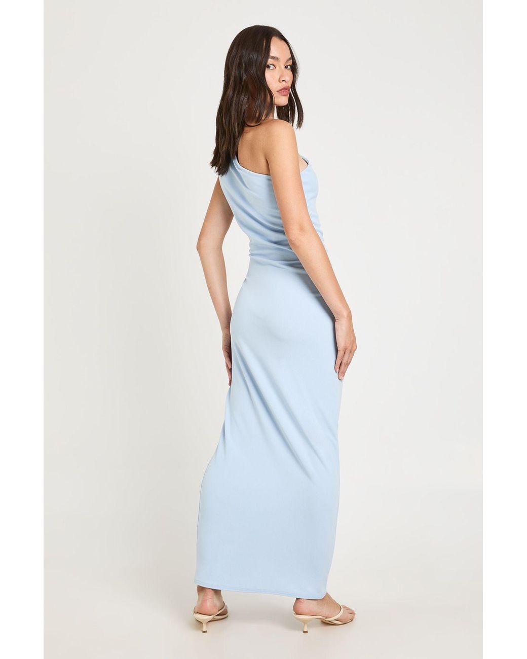 Boohoo Blue Jersey Crepe One Shoulder Ruched Midi Dress