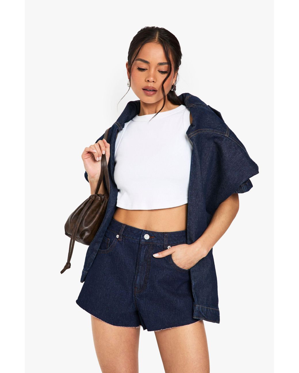 Boohoo Blue Raw Hem Denim Short