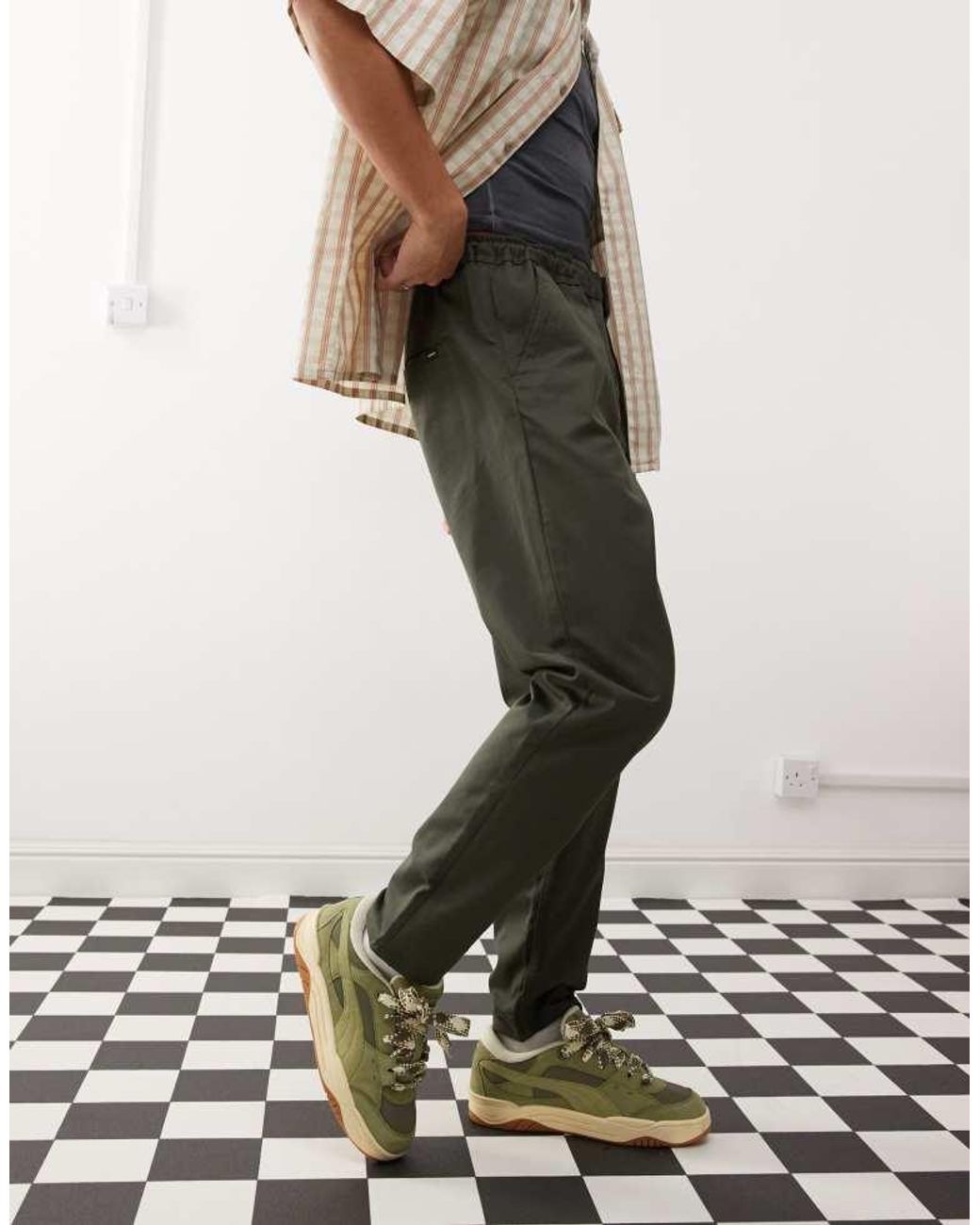 Dr. Denim Green Rush Tailored Tapered Leg Chino Pant With Elastic Waistband And Drawstring for men