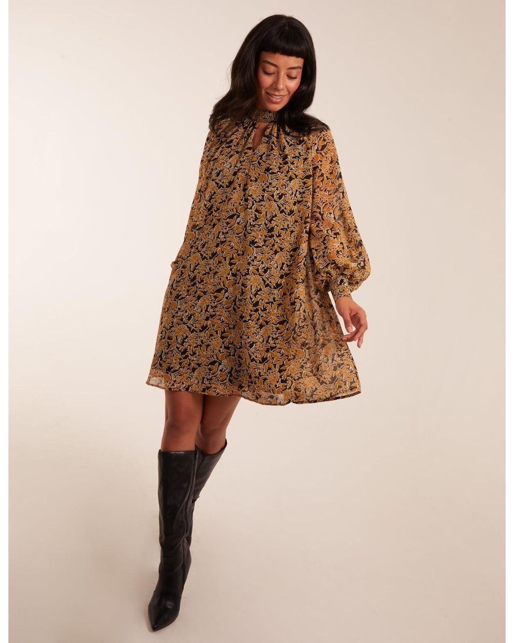 Blue Vanilla Brown Keyhole Long Sleeve Swing Dress