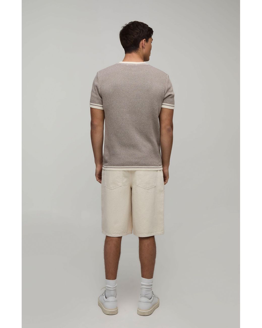 BoohooMAN Gray Muscle Fit Cotton Blend Tipped Knitted T-Shirt for men