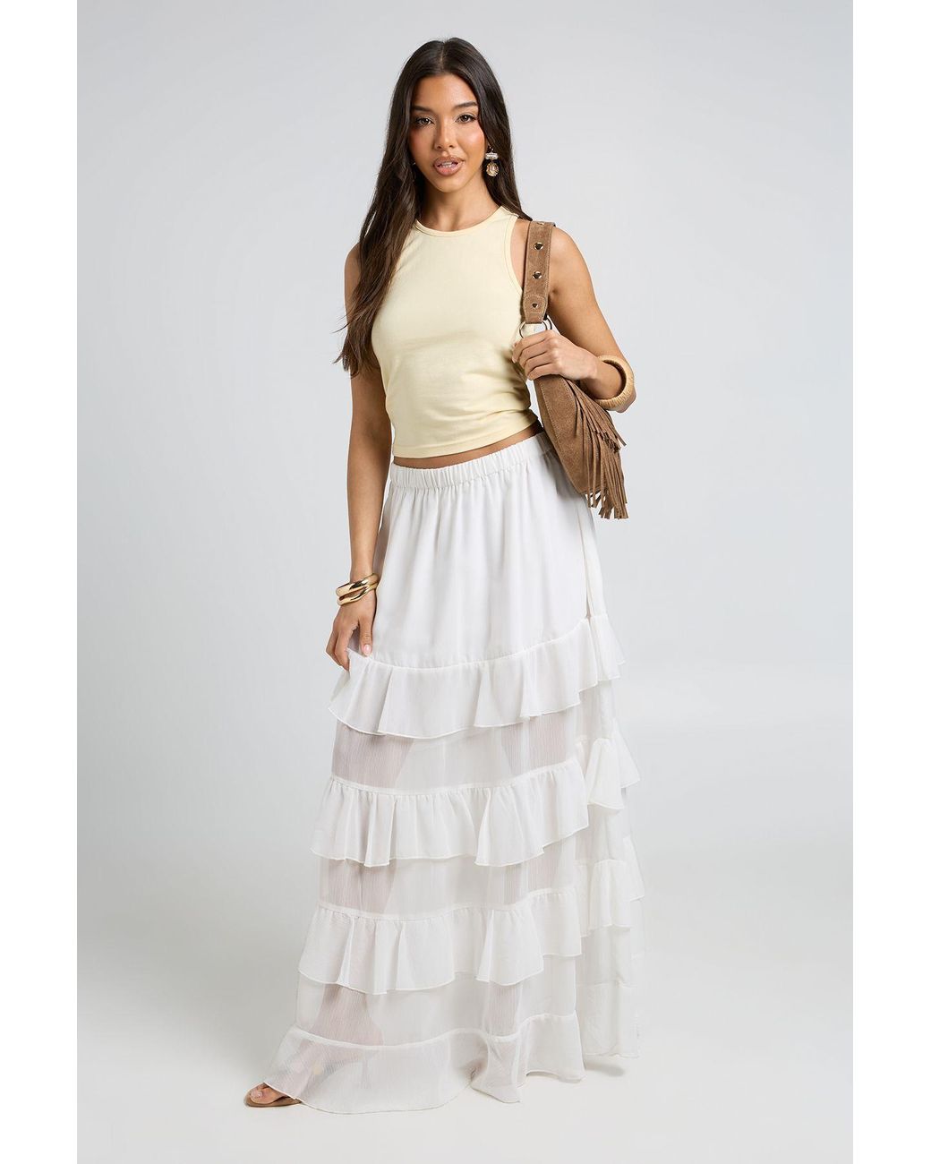 Boohoo White Ruffle Chiffon Tiered Maxi Skirt