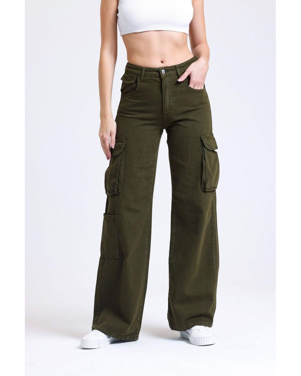 Hiccup Green Mid Rise Pocket Cargo Jeans