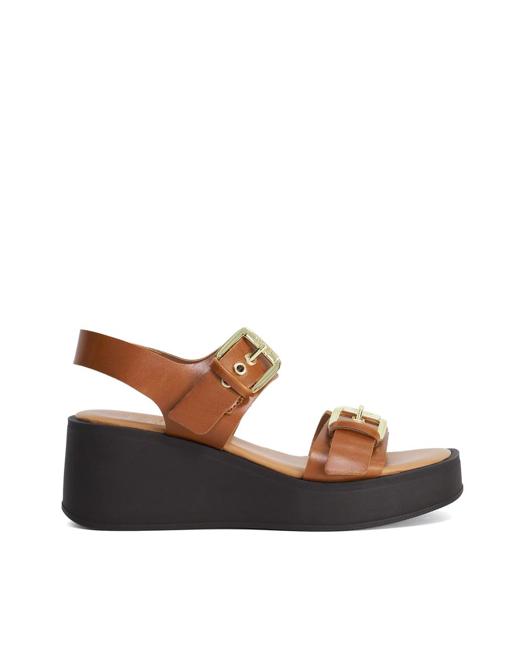 Dune Brown Karola Wedge Double Buckle Sandals