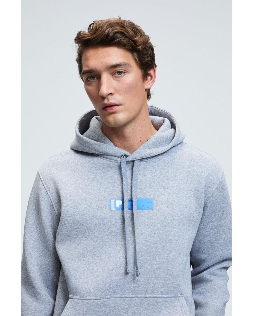 Grimelange Blue Embroidered Hooded Regular Sweatshirt for men