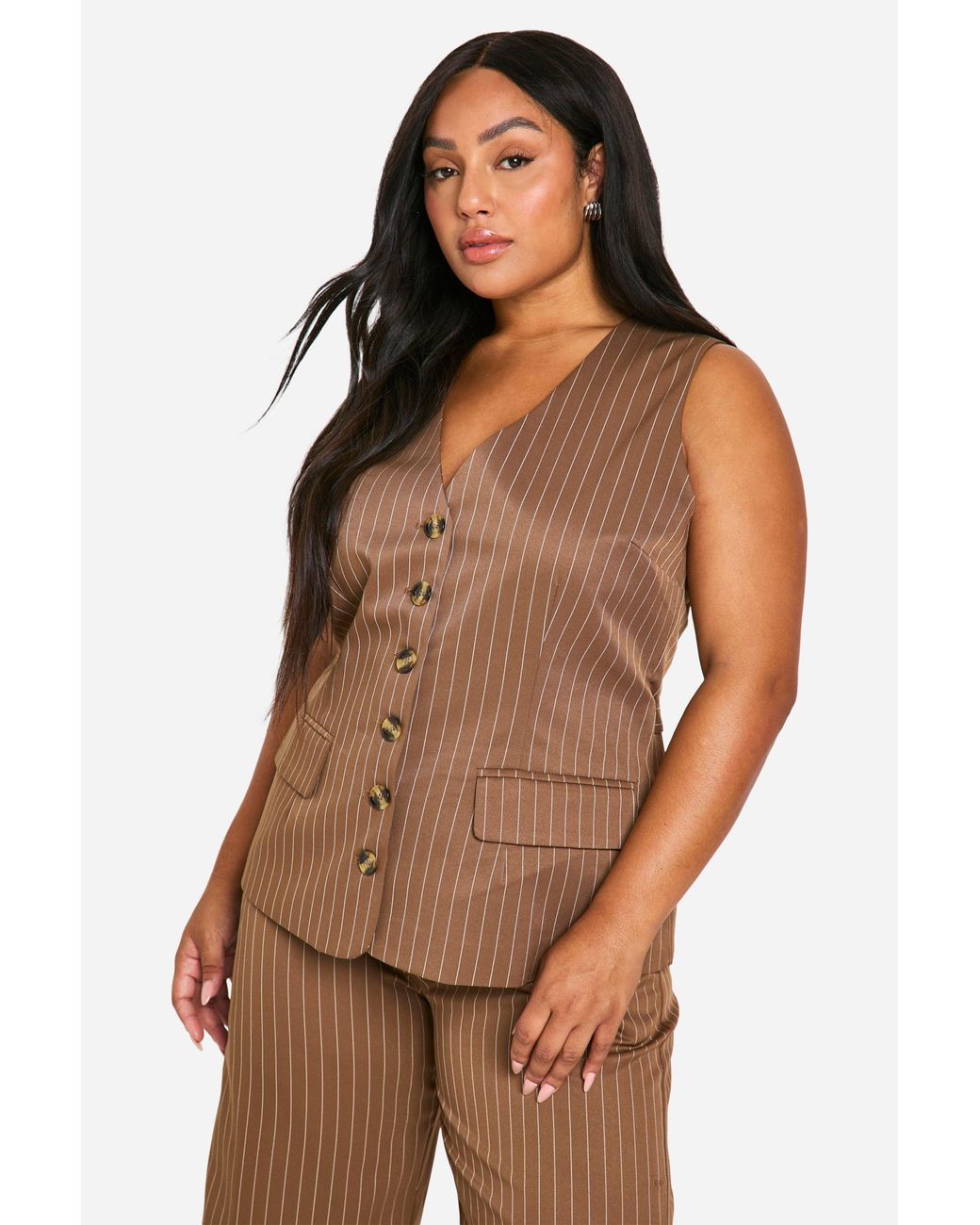 Boohoo Brown Plus Longline Pinstripe Waistcoat