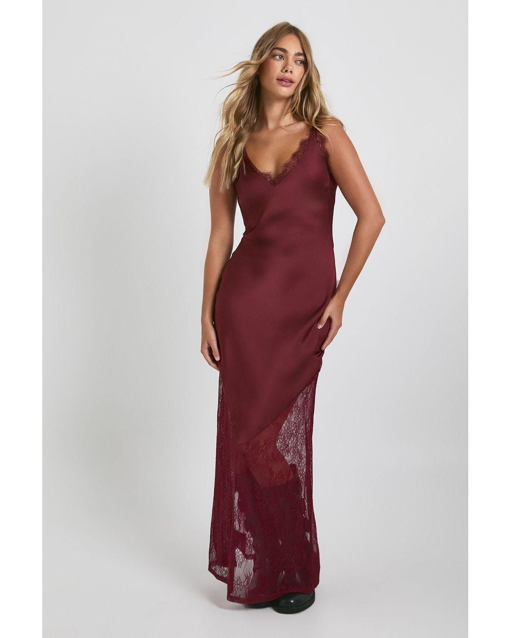 Boohoo Red Lace Hem Slip Dress