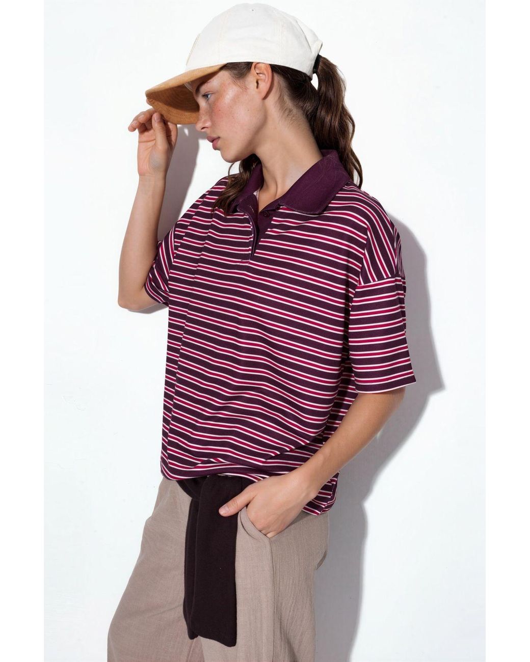 Hiccup Purple Striped Oversized Fit Polo T-Shirt