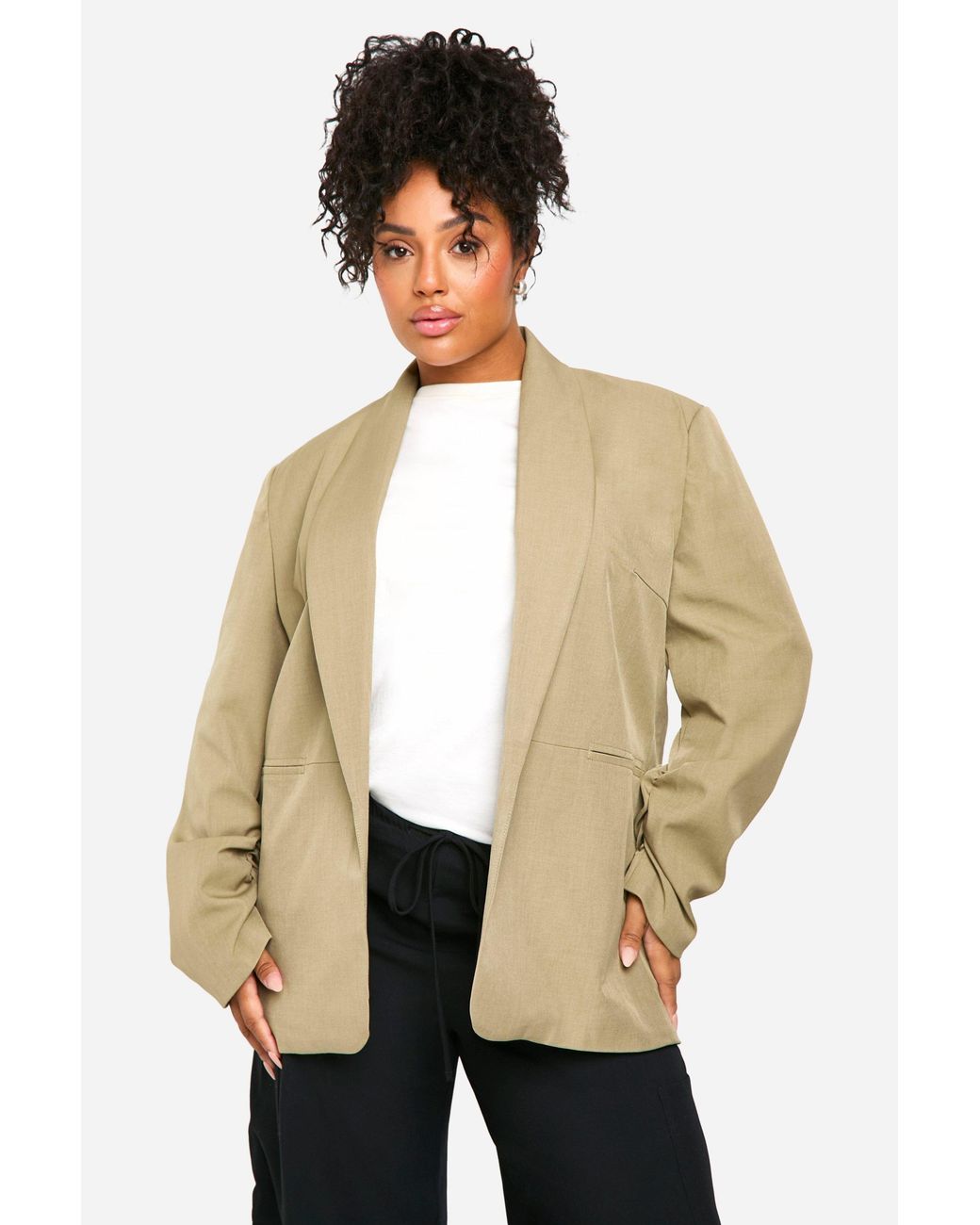 Boohoo Natural Plus Essential Oversized Ruched Sleeve Blazer