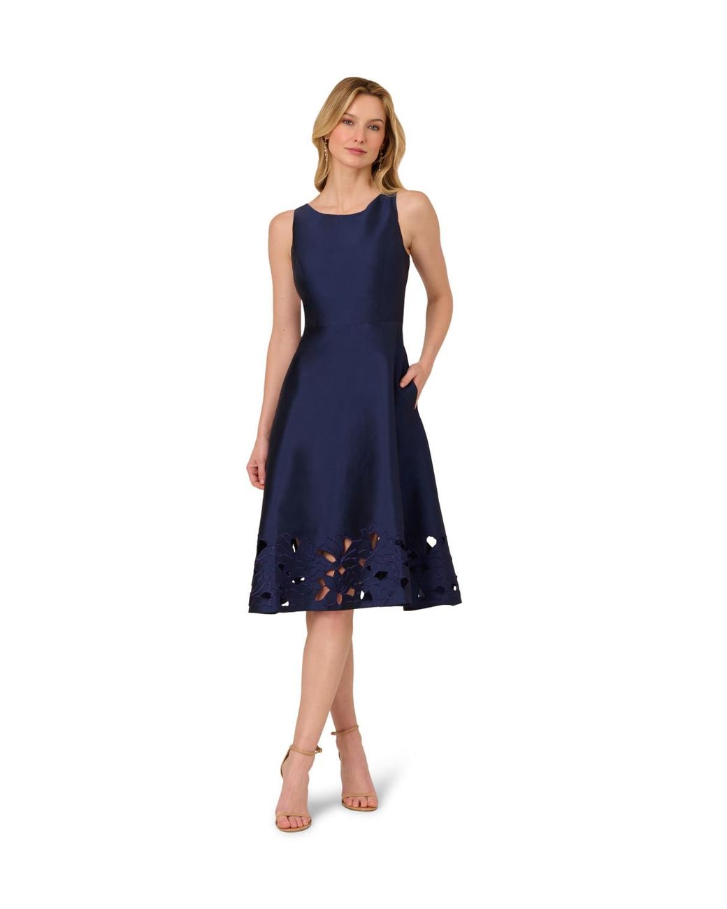 Adrianna Papell Blue Taffeta Cutwork Dress