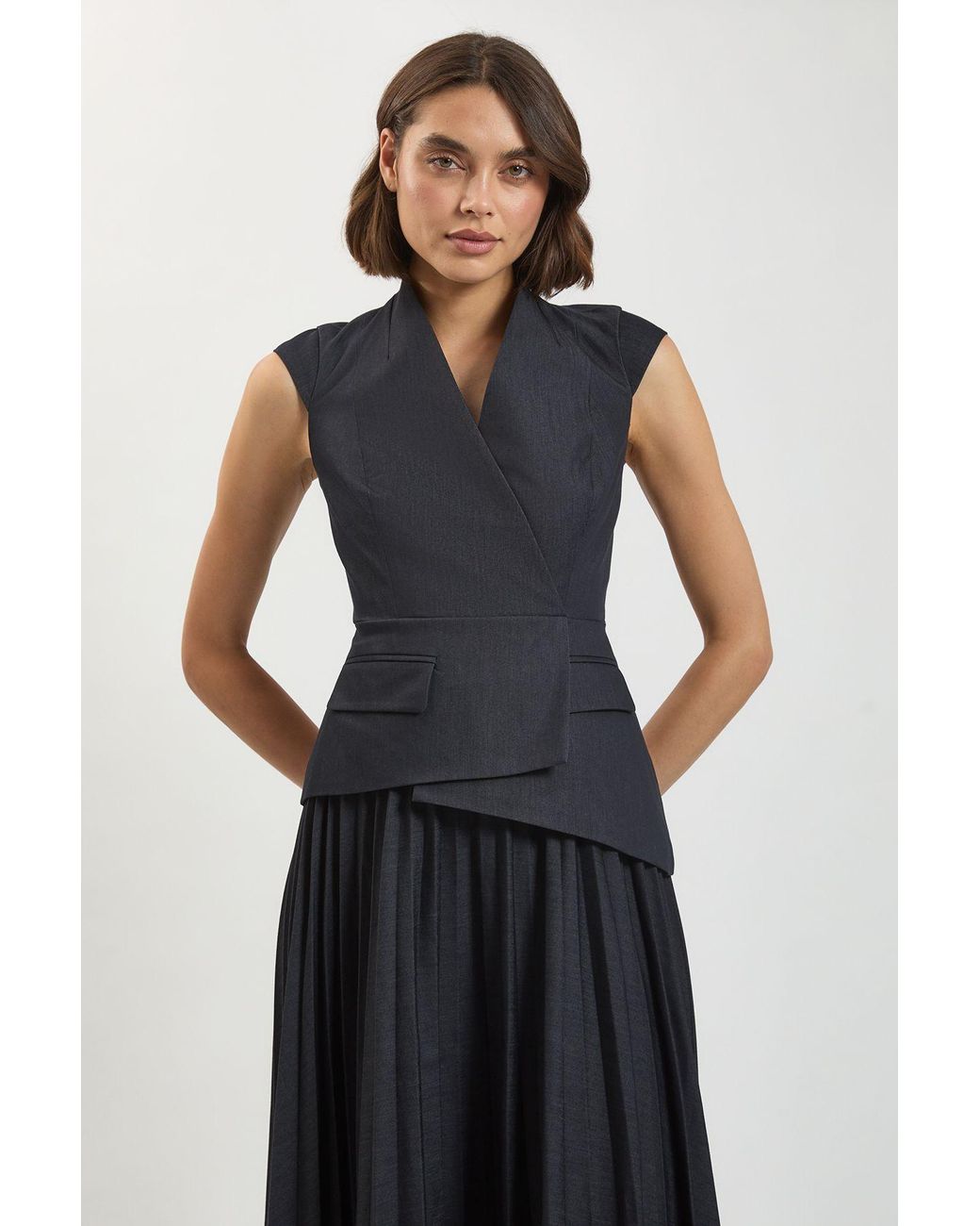 Karen Millen Blue Tailored Denim Pleated Midi Dress