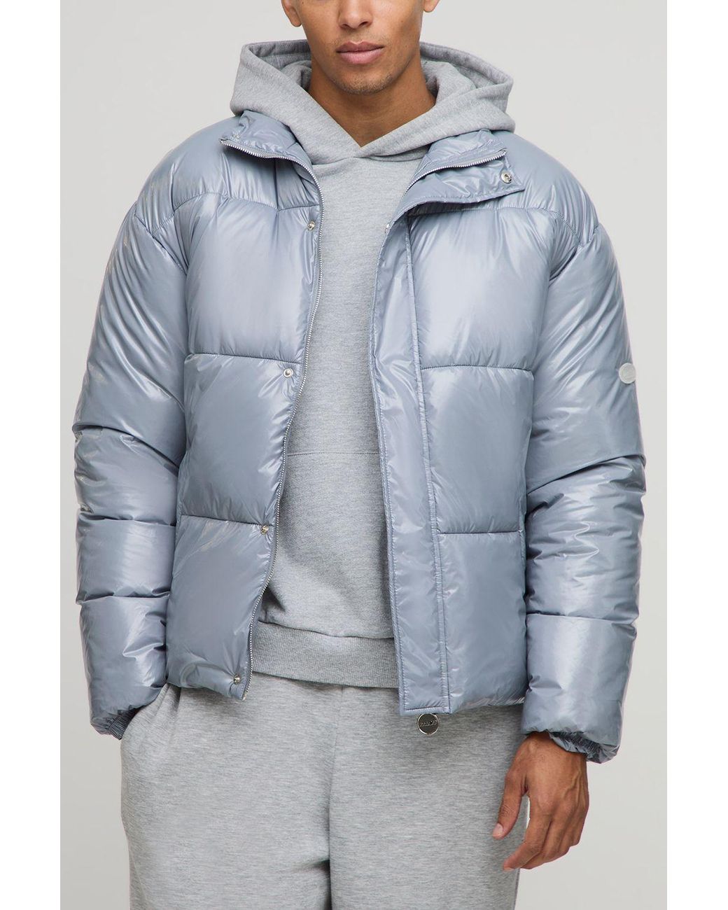 BoohooMAN Blue Regular Fit High Shine Funnel Neck Puffer Jacket for men