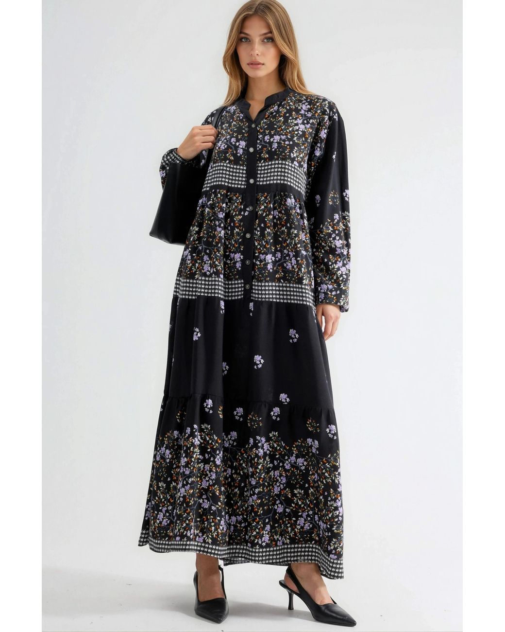 Hiccup Black Patterned V-Neck Maxi Dress With Button Closure