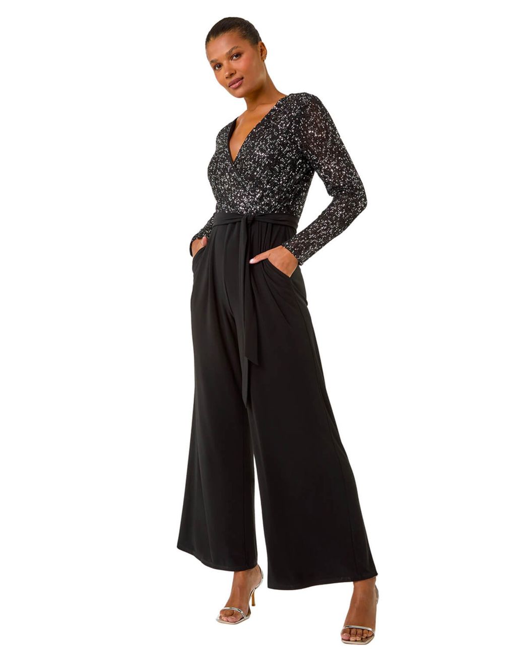 Roman Black Sequin Wrap V-Neck Stretch Jumpsuit