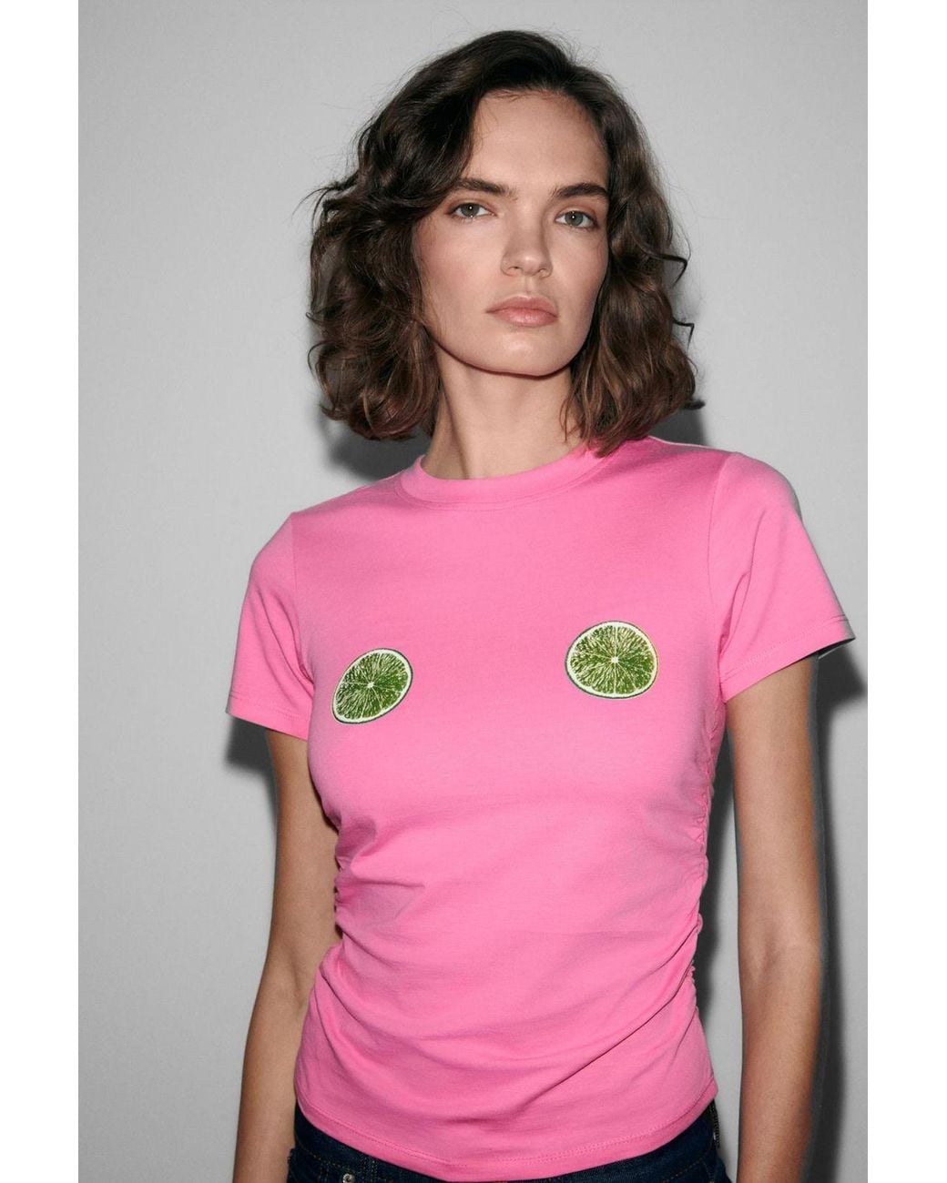 Grimelange Pink Printed Slim Fit Crew Neck T-Shirt