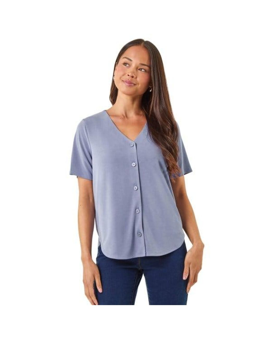 Roman Blue Petite V-Neck Buttoned Blouse